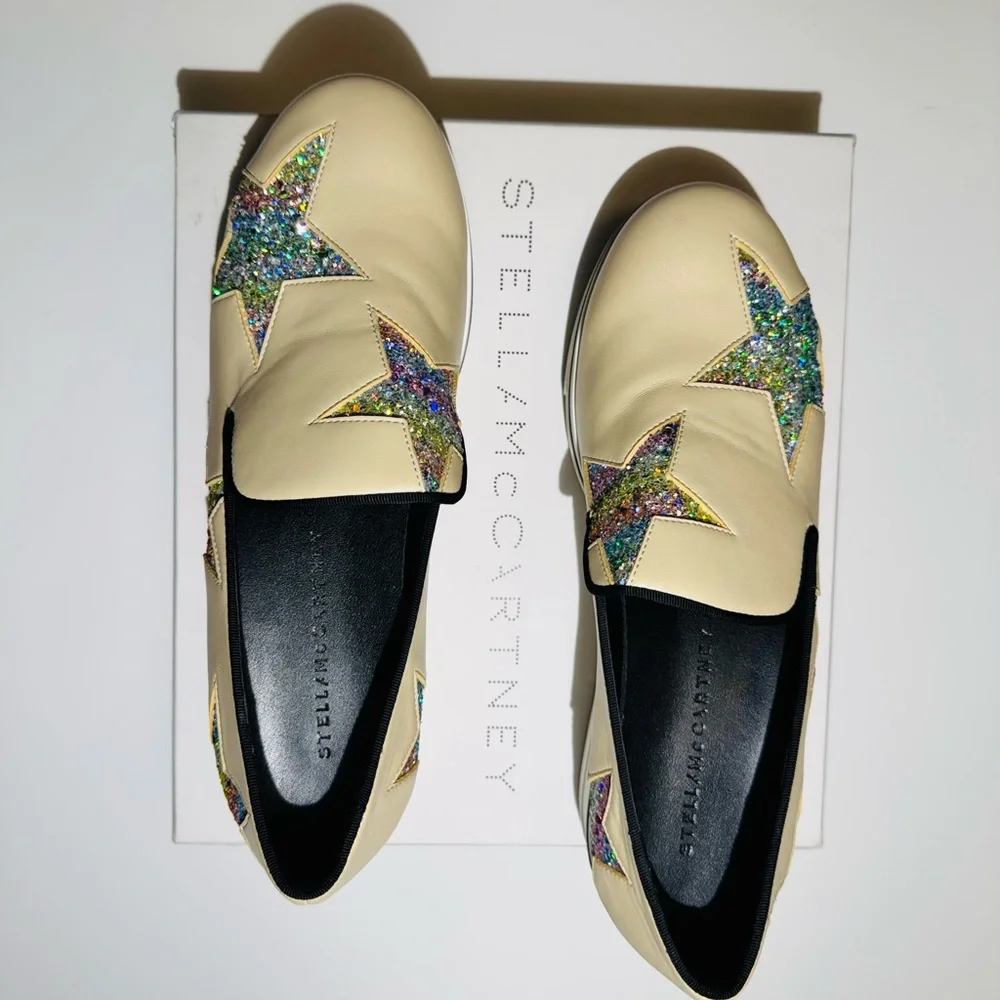 Stella McCartney Beige Platform Slip-On Sneakers with Holographic Star Appliques